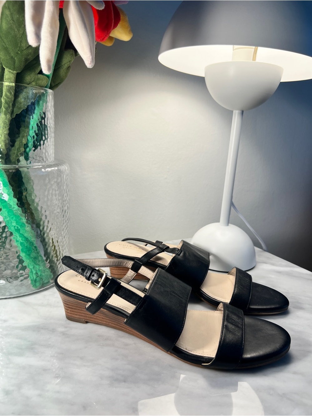 Cole Haan Annabel Grand Wedge Black Leather Slingback Strappy Sandals Size 8.5
